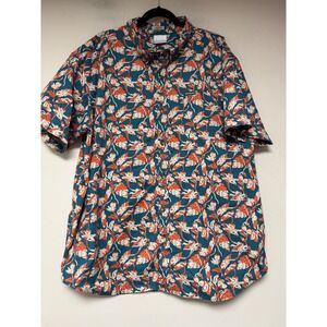 Columbia Button Down Men XXL Teal Orange Excellent Tropical Floral Leaf AM0094